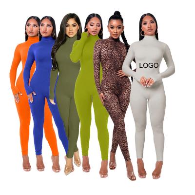 China QUICK DRY Logo Women's Fall One Piece Jumpsuit Solid Color Jumpsuit Rompers Bodycon Workout Long Jumpsuits Custom Made Turtle Neck for sale