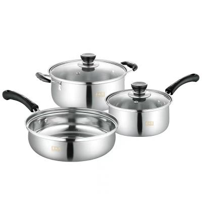 China Sustainable Stainless Steel Pot Set 3-Piece Set Soup Pot Wok Milk Pot for sale