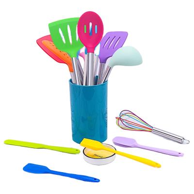 China Viable Amazon Kitchenware Set 15-Piece Storage Barrel Tube Handle Silicone Spatula Food Tongs Colander Cooking Set for sale