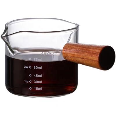 China Italian Style Glass Coffee Mug Double Handle Mouth Measuring Cup Viable Wooden Milk Cup for sale