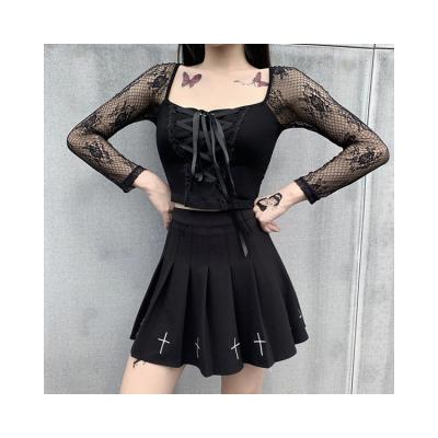 China Anti-pilling YH3573 Logo Custom Laced Up Women Corset Lace Crop Woman Long Sleeve Top Blouse for sale