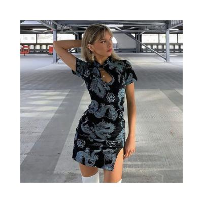 China Anti-wrinkle YH1859 Summer women sexy fashion dragon print black short sleeve cheongsam dresses for sale