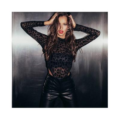 China Sustainable YH1416 Women Sexy High Leg Cheetah Print Long Sleeve Turtleneck Tops Black Bodysuits for sale