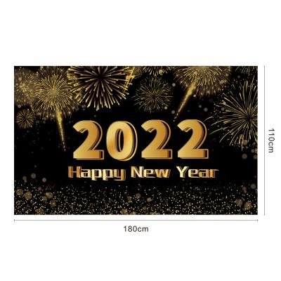 China 2022 new black 100% polyester gold new year banner happy new year party celebration flag background firework banner for sale