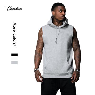 China Anti-wrinkle Men's Gym Tops Away Custom Logo Printing Men's Sleeveless Hoodies Plain Hoodie With Front Two Pockets for sale