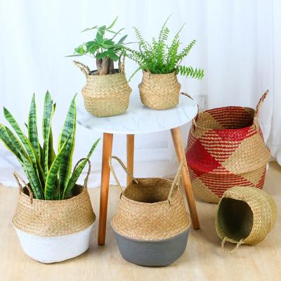 China Viable Handmade Woven Straw Woven Basket Plant Pot Rattan Plankton Storage Belly Basket Organizer with Handles Wholesale for sale