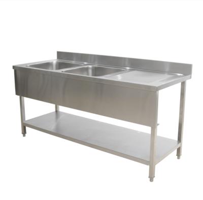 China Industrial Kitchen Work Table/Restaurant Kitchen/Canteen Stainless Steel Restaurant With Wash Sink In France SS Commercial Kitchen Double Sink Rack With Drain Board for sale