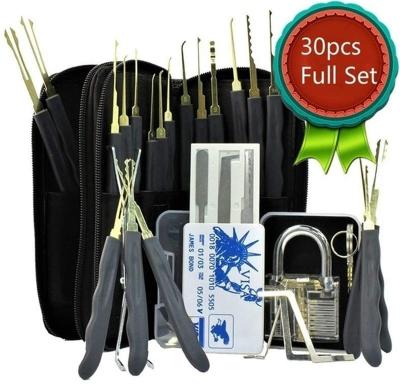 China Wafer Rakes Wholesale Credit Card Kit 30pcs Locksmith Lock Pick Tool Kit with Transparent Practice Padlock for sale