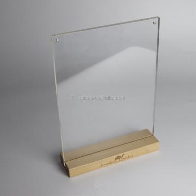 China Environmental Friendly 8.5x11 Magnetic Acrylic Vertical Sign Holder With Wooden Base T Shape Clear Acrylic Sign Holder for sale