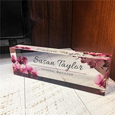 China Eco-friendly& anti-cracking flat personalized acrylic block art blocks office name perspex cherry blossom pattern printing for sale