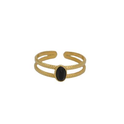 China CLASSIC hot sales layer adjustable ring and black stone 14K gold plated small gemstone rings from stainless steel jewelry factory for sale