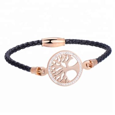 China Trendy Tree of Life Rose Gold Stainless Steel Leather Bracelet for sale