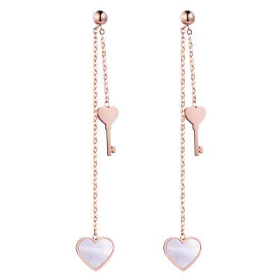 China CLASSIC Rose Gold Long Stud Earring Key With Shell Heart Earrings Stainless Steel Jewelry For Women Gift for sale