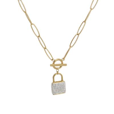 China FASHIONABLE Tasty 14K Gold Plated Stainless Steel Jewelry Charm Lock With Zircon Chain Pendant Necklace For Women Gift for sale