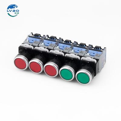 China Plastic+Metal LVBO LA38 self-locking button switch on-off 1NO1NC 22mm red green flat head push button switch for sale