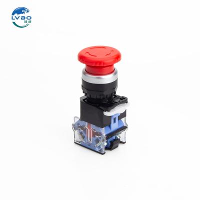 China Plastic+Metal LVBO New emergency stop button 22mm 10A LA38 series one normally open one normally closed plastic mushroom emergency stop button for sale