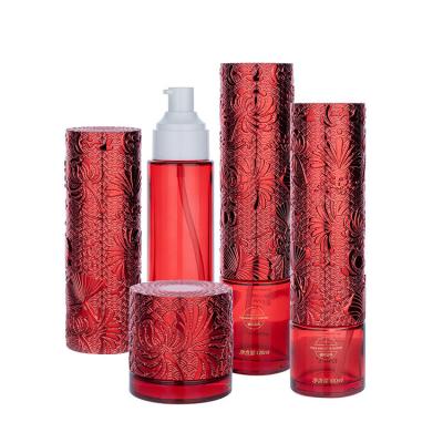 China 100/120ml/60g Glass Red Cylindrical Smooth With White Spray For Cosmetic Packaging Bottle for sale