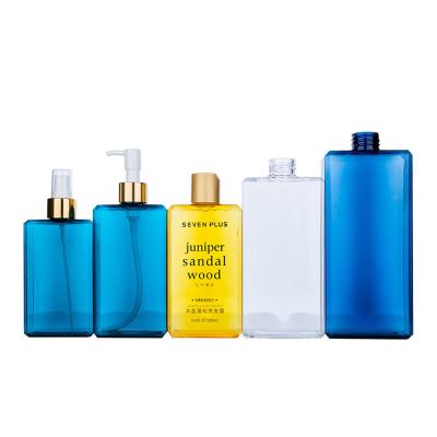 China 225/300/400/500ml Blue/yellow/white plastic Rectangle smooth bottle with white pump for shampoo lotion bottle for sale