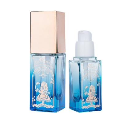 China 30ml Glass blue transparent clear rectangle bottle with white pump for empty Foundation Bottle for sale