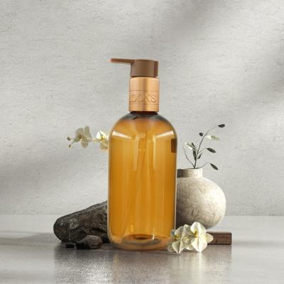 China 300ml Plastic Amber cylindrical smooth with brown pump for shampoo lotion bottle for sale