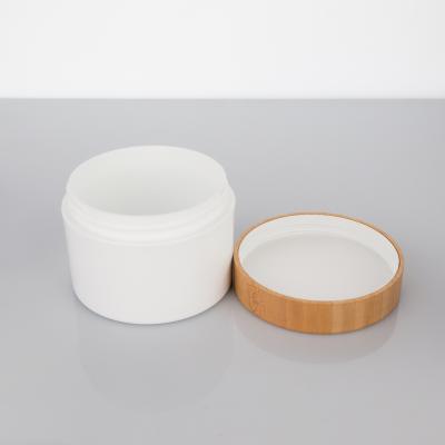 China 250ml Plastic White Cylindrical Smooth bottle With Bamboo Lid For Empty Cream Jar for sale