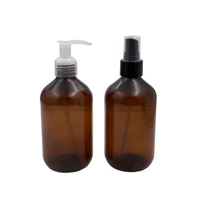 China 300ml PET Amber Brown Plastic Bottles with Clear Pump Black Oil Spray Set Ready For Shipping In stock for sale