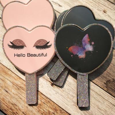 China Hot Selling Custom Made Handheld Mirror Durable Rhinestone Heart Shape Hand Mirror Glitter Mirror Hand Held Cosmetic for sale