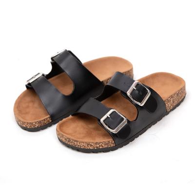 China Summer Women's Casual Design Pu Two Buckle Costom Logo Flat Bottom Leather Cork Durable Slippers Soft Sole Sandals for sale