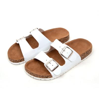 China Cushioning Comfortable Stain Goods PU Leather Flat Women Non Slip PVC Shoes Double Buckle Unique Cork Slides Sandal for sale