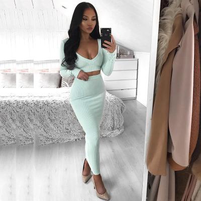 China 2022 New Arrival Autumn Women Ribbed V-Neck Long Sleeve Bodycon Club White Casual Dress Two-Piece Set Party Anti-Static for sale