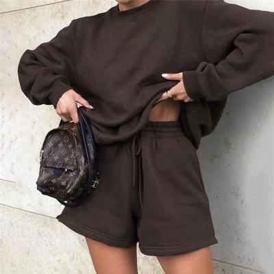 China Fashion QUICK DRY Casual Fleece Long Sleeve Hoodie Depreciation Solid Short 2 Piece Women Set Clothing for sale