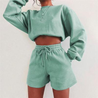 China White QUICK DRY Sweatshirt Two Piece Set Women Fall Casual Outwear Custom Logo Sweatshirt Two Piece Pants Set Shorts Matching Outfit for sale