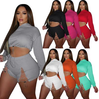 China QUICK DRY casual loose fleece shorts and hoodie set pattern printed sweater drop two piece sets for women for sale