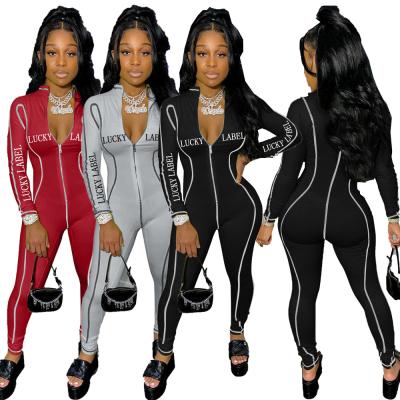 China Anti-wrinkle hot salling lucky label women jumpsuits and rompers printed zipper one piece jumpsuits for women jumpsuit for sale