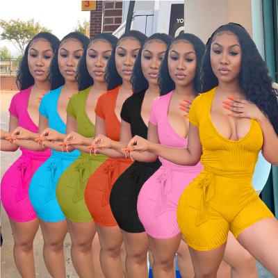 China 2021 Deep V-Neck Anti-Wrinkle Sleeve Overalls Short Bandage Women One-Piece Jumpsuit Women for sale