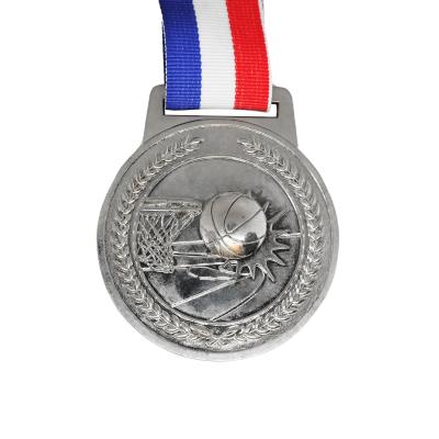 China Europe 3D Sport Zinc Alloy Nickel Plated Medal Ribbon Red White Blue Basketball Medals for sale