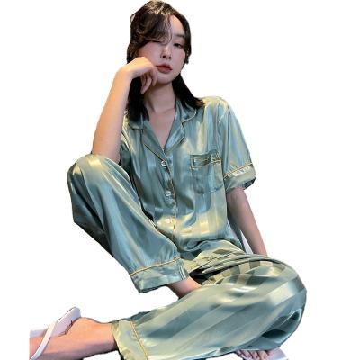 China Summer Breathable Ice Silk Women's Pajamas Short Sleeve Pants 2021 New Women's Slim Two-piece Set for sale