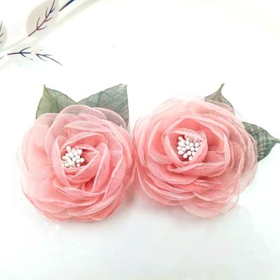 China Handmade flowers for hair accessories Women's Accessories Floral decoration Organza handmade flowersflowers for hair accessories rose flower decor for sale