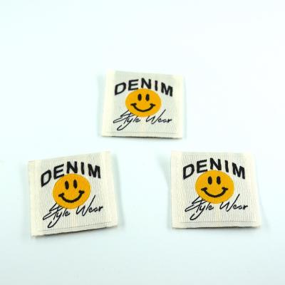 China Other Fashion Wholesale Square DENIM Face Woven Labels Garment Smile Labels For Clothes Hat for sale