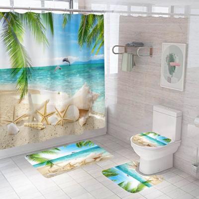 China Sustainable Promotion Custom Design Digital Printing Bathroom Curtain Set Waterproof Bathroom Sets With Shower Curtain And Covers for sale