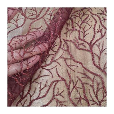 China New Design Anti-Static Coral Trees Pattern Glitter Tulle Fabric Red Glitter Fabric For Dress for sale