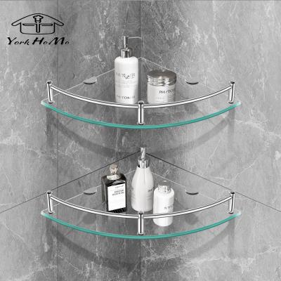 China YorkHoMo Shower Caddy Corner Wall Mount 2 Tier Bathroom Shelf Clean Glass Hardware Accessories Glass Shelf Champoo for sale