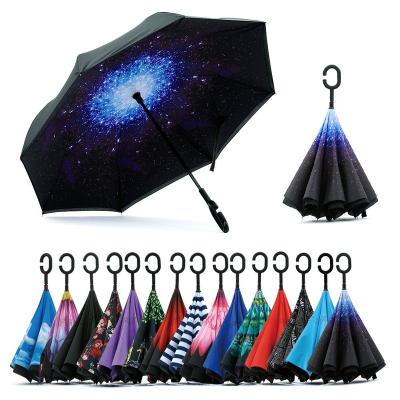 China Hot Selling Stock Custom Handle Inverted Reverse Umbrella Customized New Products Special Logo Double Layer Inside Out C Shape Reverse Umbrella for sale