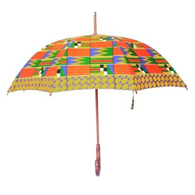 China New Design African Umbrella Ankara Printing Special Customized Windproof UV Umbrellas Kente Printing Sun Umbrella With Wooden Handle for sale