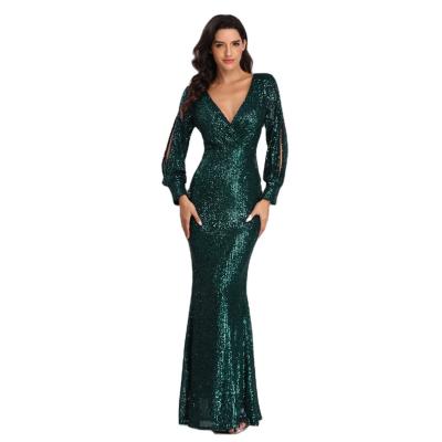 China Cheap evening dress long v-neckline maxis birthday party green ladies high quality elastic breathable sequin for sale