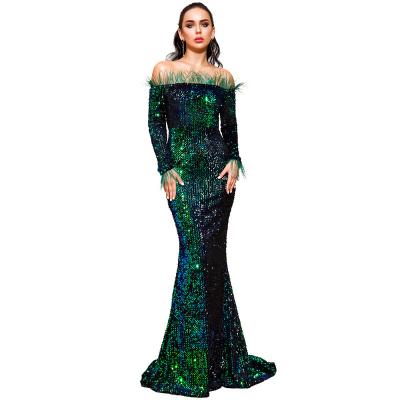 China Breathable Off The Shoulder Celebrity Evening Black Long Sleeve Tassel Sequins Long Sleeve Evening Dress for sale