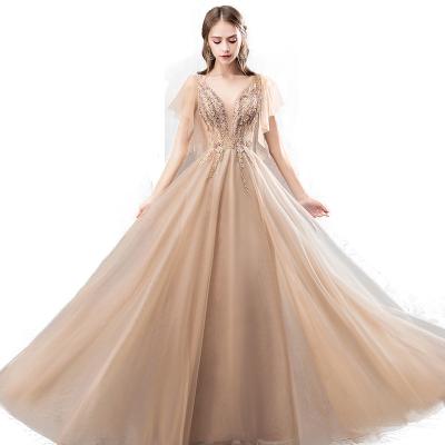 China 2021 Anti-static Hot Selling Elegant Wedding Banquet Dress Embroidered Fashion V-Neck Short Sleeve Solid Color Bridesmaid Dress for sale