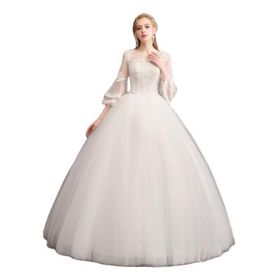 China Flare Bell Sleeve Lace Applique Anti-Static Sequin Embroidered Princess Puffy Prom Ball Gown Wedding Dress for sale