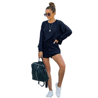 China QUICK DRY Women Two Piece Knit Crews Breath Sleeve Crop Top Shorts Sets Sweater Sweatsuit for sale