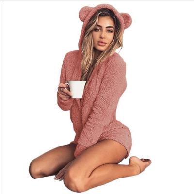 China Wholesale Custom Breathable Solid Color Sleepwear Women Winter Hooded Cute Overalls Shorts Home Service Fur Sweater Cardigan for sale